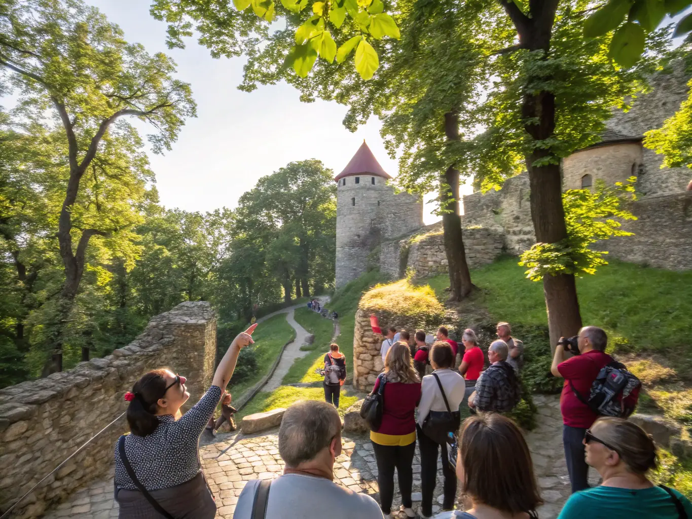 A group of people visiting a historical site, representing the Cultural and Educational Outings organized by LOISIRS ET SPORTS DE HAUTE CORREZE.