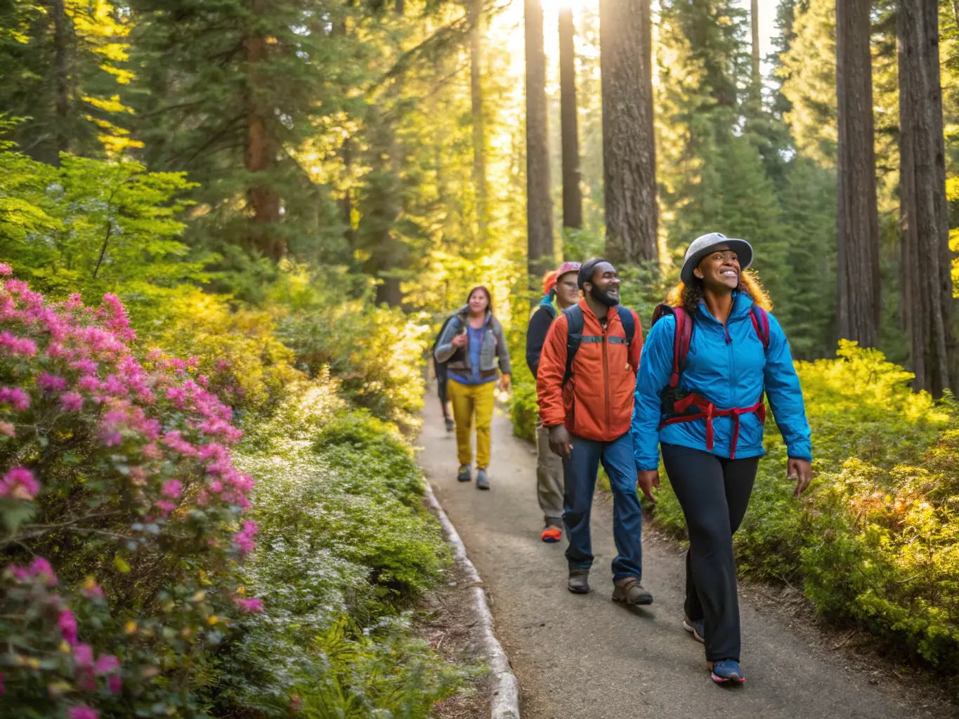 A group of people hiking through a lush forest, representing the Community Sports Programs offered by LOISIRS ET SPORTS DE HAUTE CORREZE.