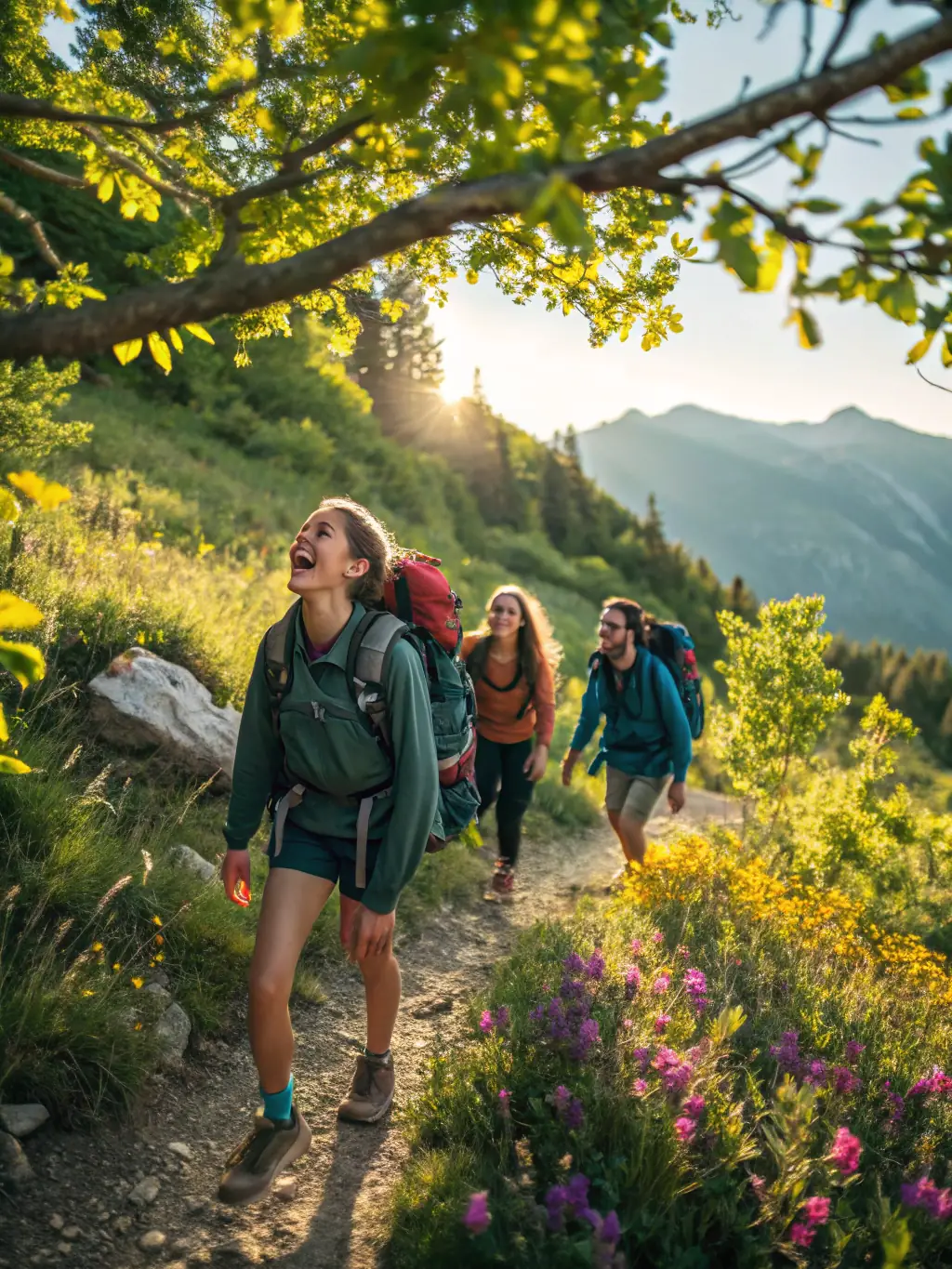 A scenic image of a group of adults hiking through the Haute Correze region, emphasizing the beauty of nature and the organization's commitment to outdoor activities.