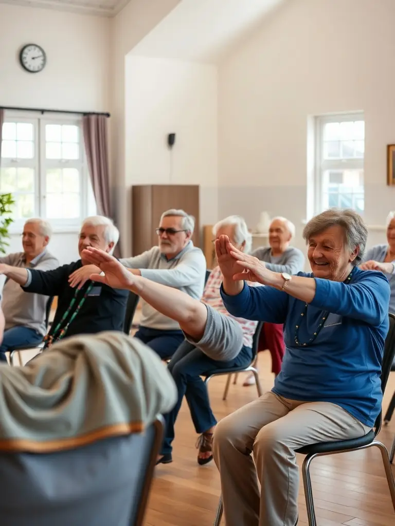 A group of seniors engaged in a gentle exercise class, demonstrating the organization's commitment to promoting health and well-being across all age groups.