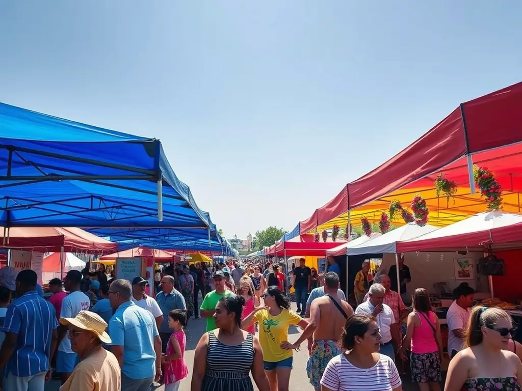 A vibrant scene from a community festival in Haute-Corrèze, featuring live music, local food stalls, and people of all ages enjoying the festivities, representing the recreational and cultural events.