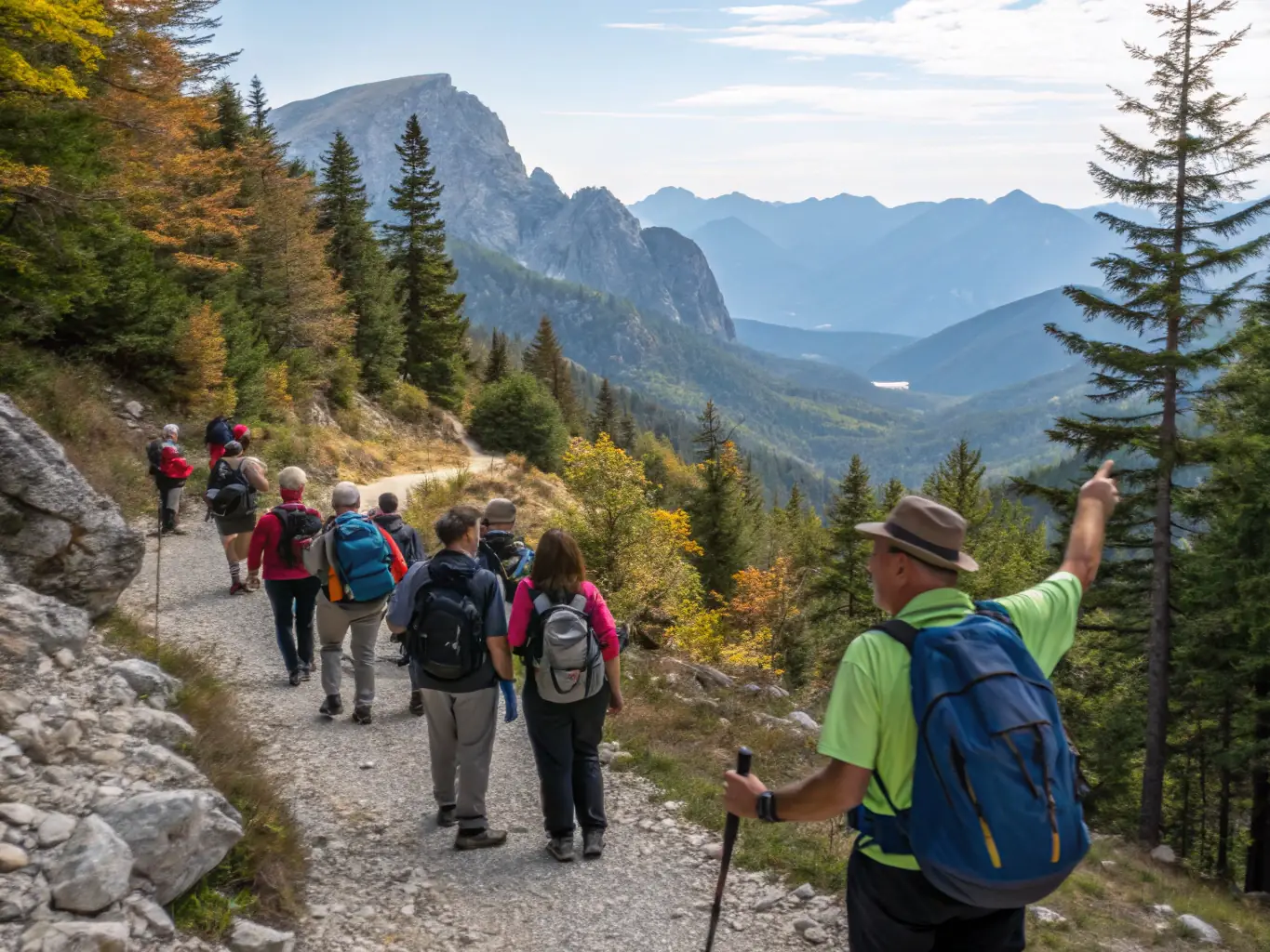 A group of people of various ages participating in a guided hiking tour through a scenic mountain trail in Haute-Corrèze, with lush greenery and clear skies in the background, showcasing the community sports program.