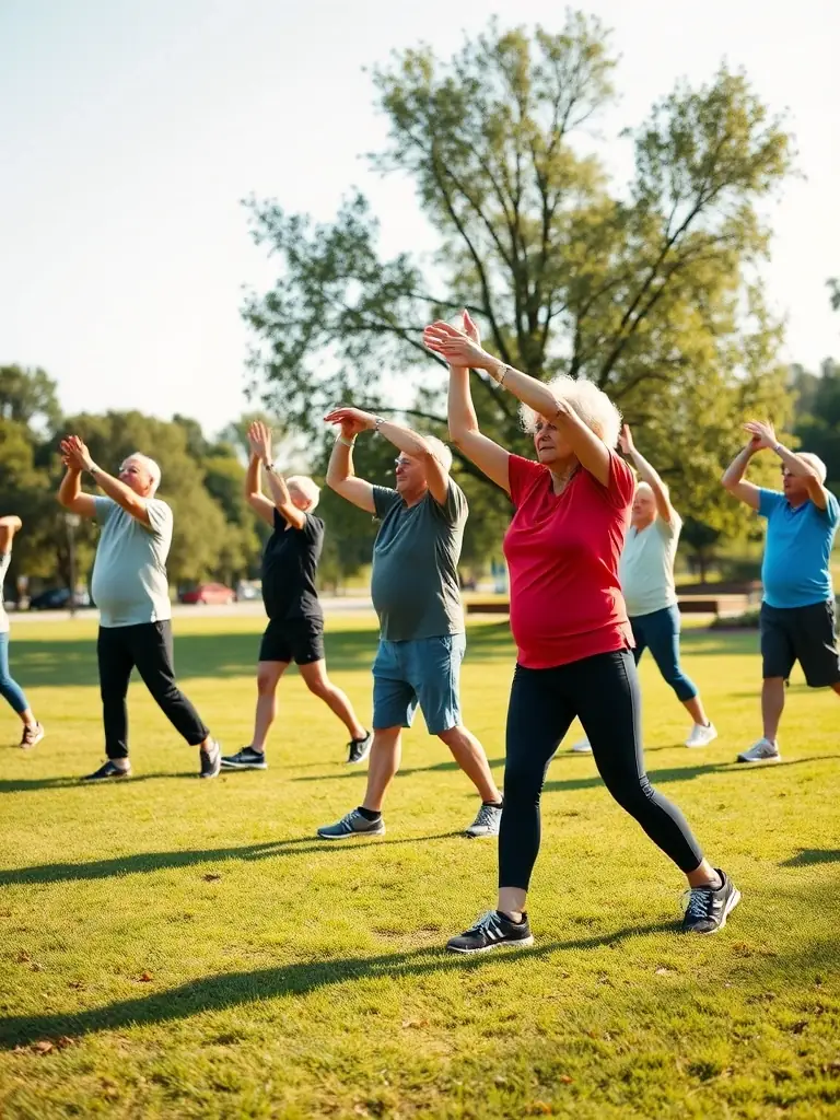 A group of seniors participating in a gentle exercise class in a park, promoting health and well-being.