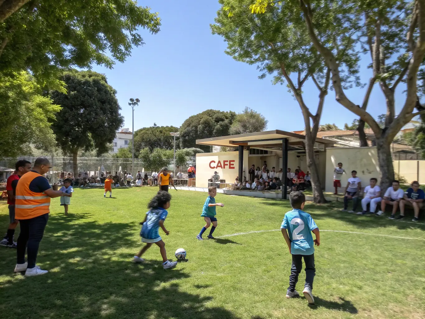 A vibrant image of community members participating in a local soccer match in a scenic outdoor setting, showcasing the energy and teamwork of the Community Sports Programs.