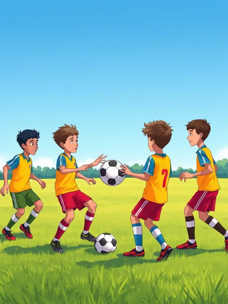 A vibrant photograph capturing a group of children participating in a soccer game organized by LOISIRS ET SPORTS DE HAUTE CORREZE, showcasing teamwork and active engagement.